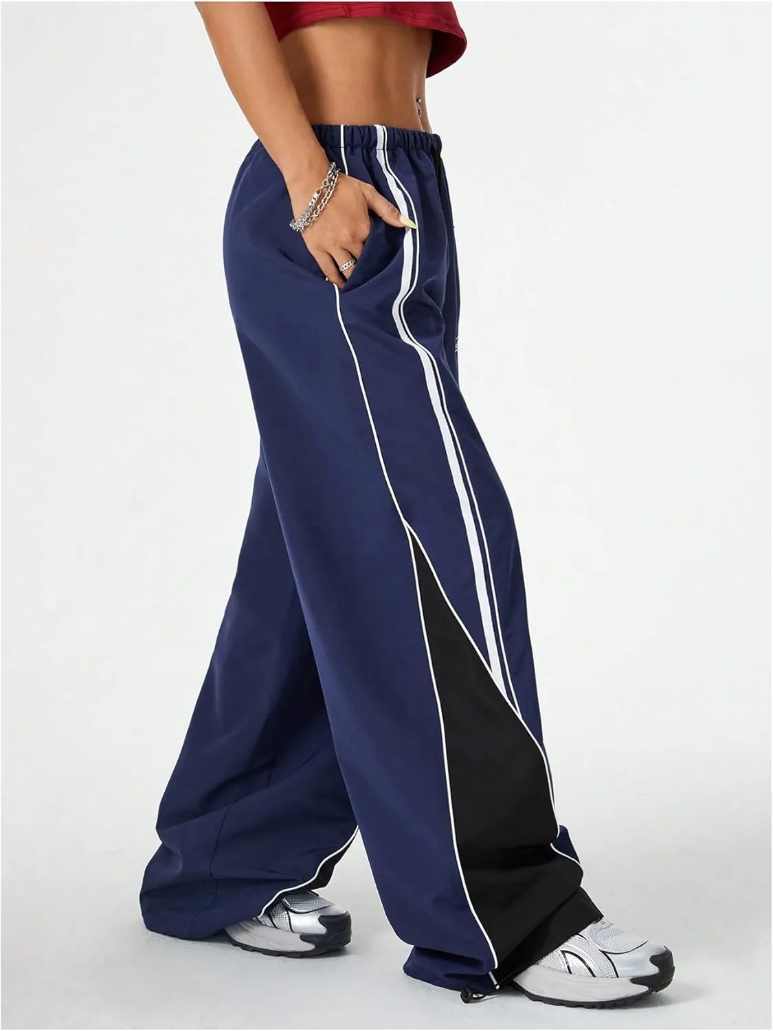 MakeMeChic Women's Wide Leg Sweatpants Colorblock Elastic Waist Y2K Parachute Pants Baggy Pants