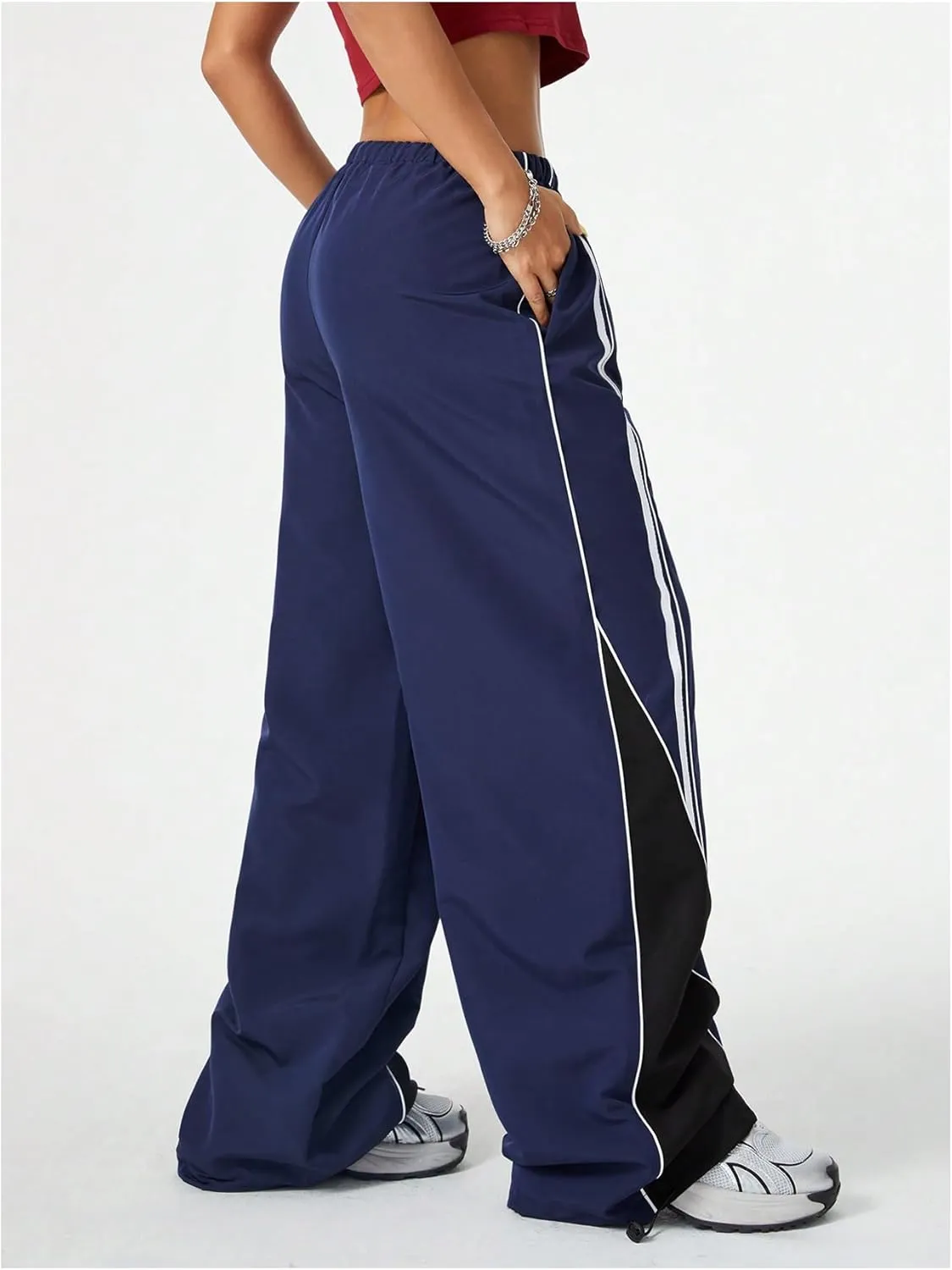 MakeMeChic Women's Wide Leg Sweatpants Colorblock Elastic Waist Y2K Parachute Pants Baggy Pants
