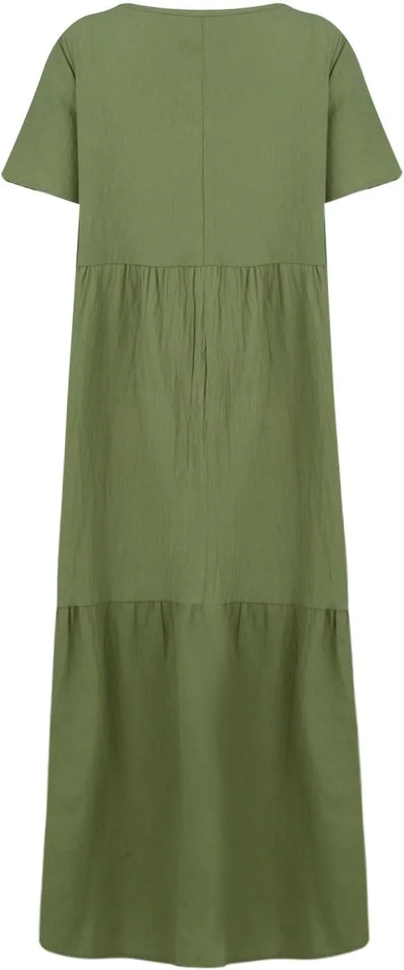 Maxi Dress for Women Casual Summer Linen Short Sleeve V Neck Baggy Sundress Plus Size Solid Flowy Beach Long Dresses