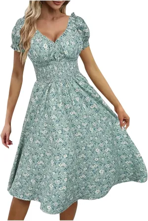 Maxi Dresses for Women Summer Vocation Short Sleeve V Neck Casual Dress A Line Loose Fit Flowy Long Dress