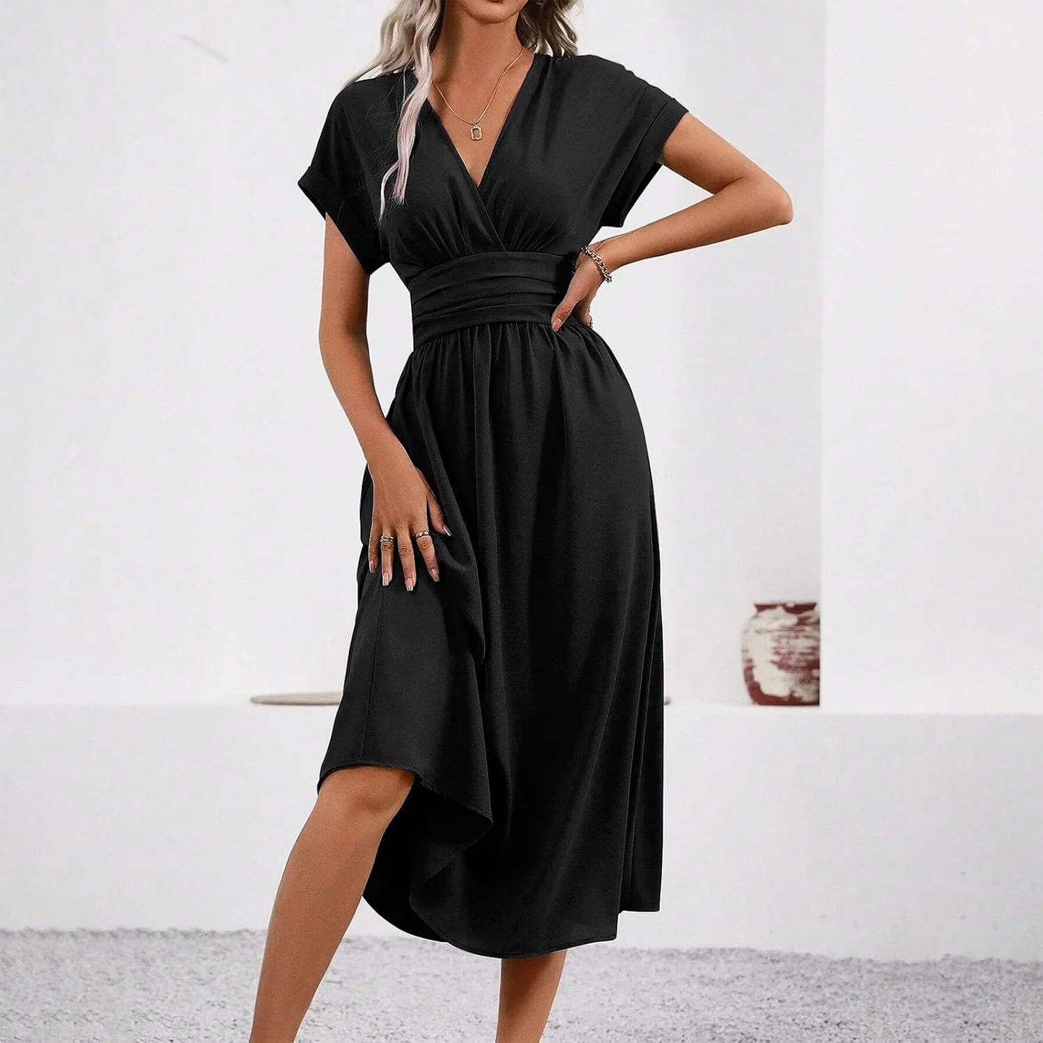 Maxi Dresses for Women Summer Vocation Short Sleeve V Neck Casual Dress A Line Loose Fit Flowy Long Dress