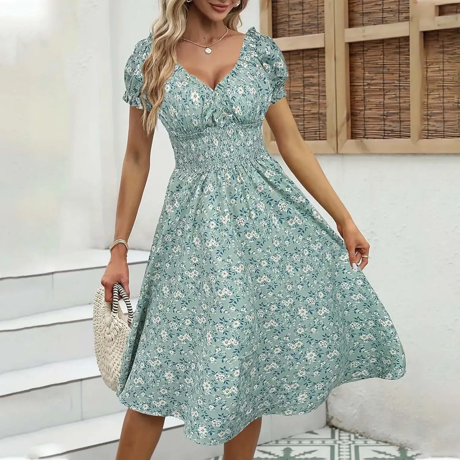 Maxi Dresses for Women Summer Vocation Short Sleeve V Neck Casual Dress A Line Loose Fit Flowy Long Dress