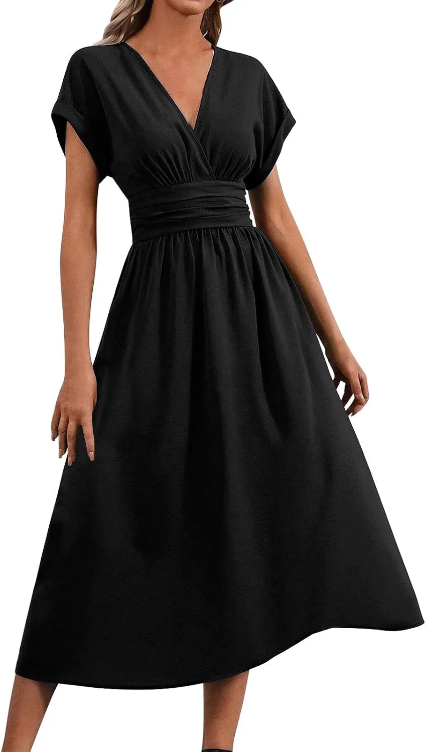 Maxi Dresses for Women Summer Vocation Short Sleeve V Neck Casual Dress A Line Loose Fit Flowy Long Dress