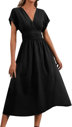 Maxi Dresses for Women Summer Vocation Short Sleeve V Neck Casual Dress A Line Loose Fit Flowy Long Dress
