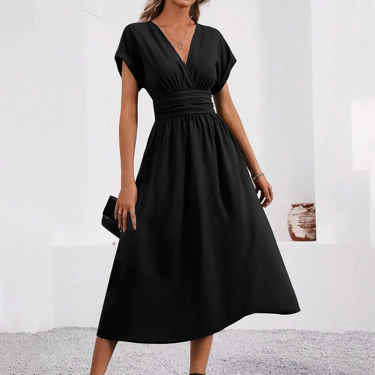 Maxi Dresses for Women Summer Vocation Short Sleeve V Neck Casual Dress A Line Loose Fit Flowy Long Dress