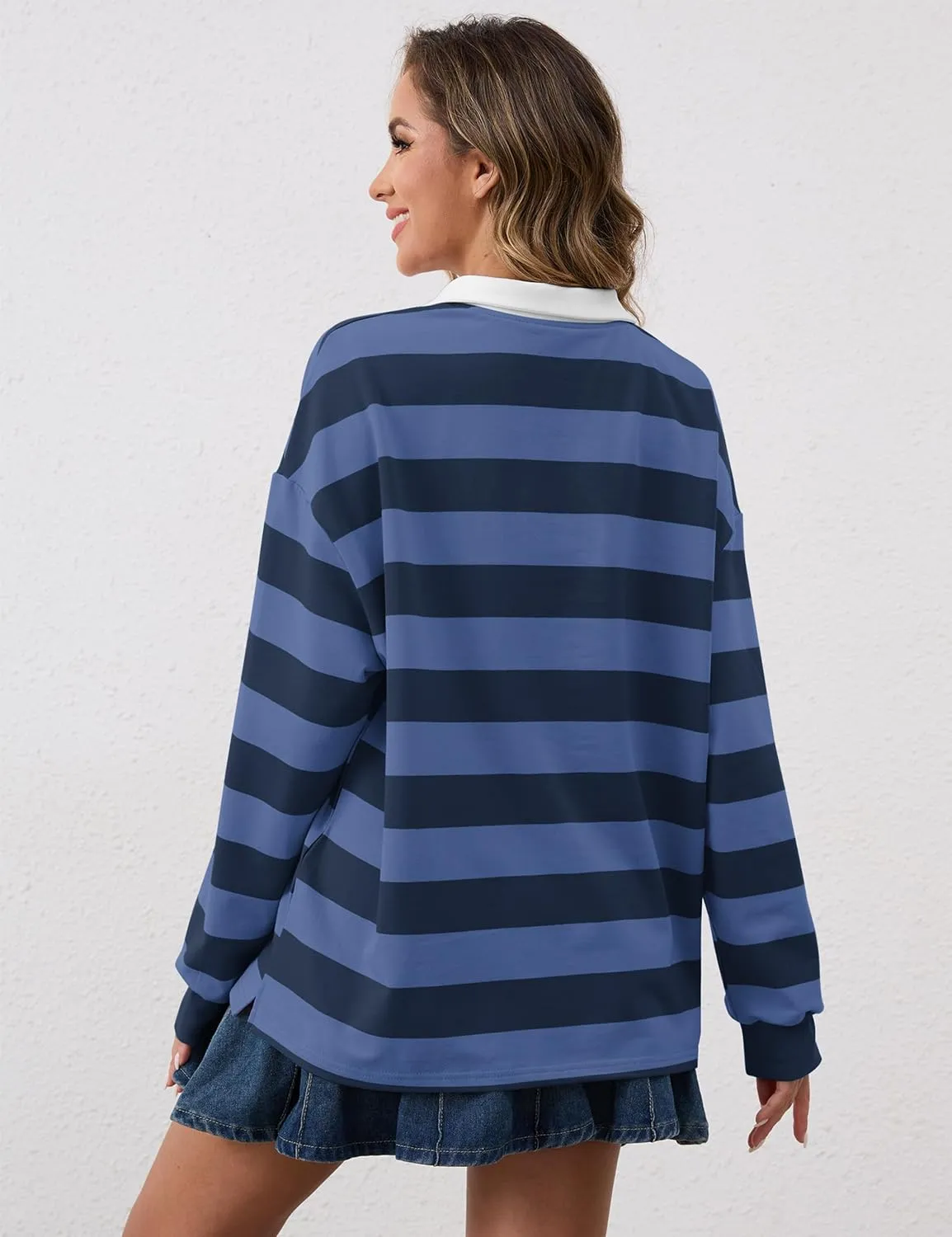 Meladyan Womens Oversized Striped Polo Sweatshirt Long Sleeve V Neck Lapel Collared Polo Shirts 2024 Fall Fashion Clothing