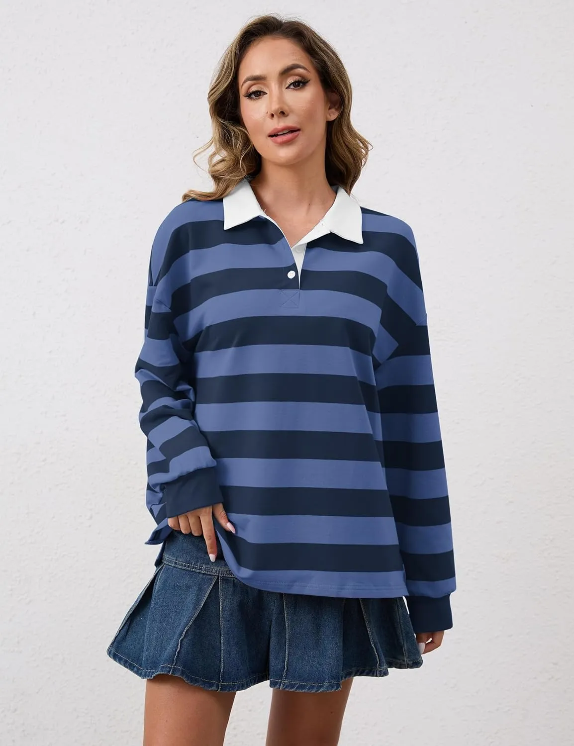 Meladyan Womens Oversized Striped Polo Sweatshirt Long Sleeve V Neck Lapel Collared Polo Shirts 2024 Fall Fashion Clothing
