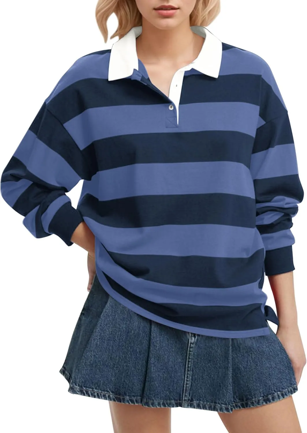 Meladyan Womens Oversized Striped Polo Sweatshirt Long Sleeve V Neck Lapel Collared Polo Shirts 2024 Fall Fashion Clothing