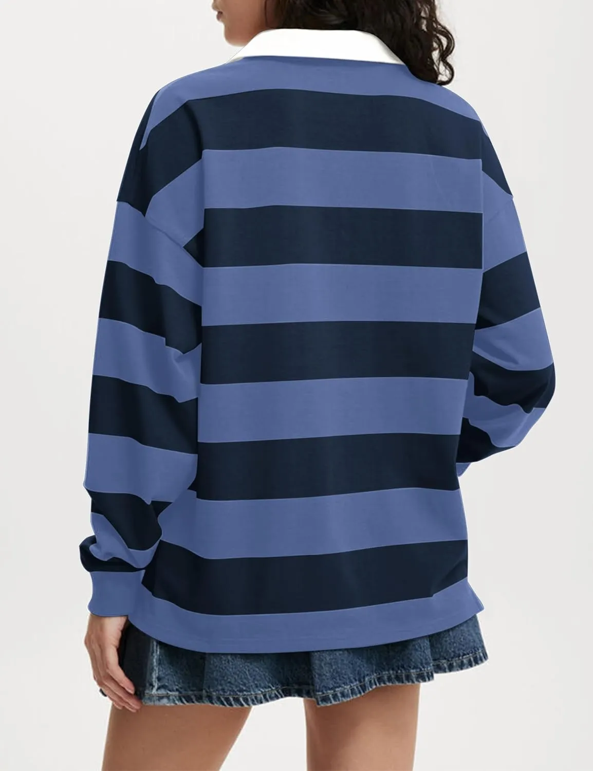 Meladyan Womens Oversized Striped Polo Sweatshirt Long Sleeve V Neck Lapel Collared Polo Shirts 2024 Fall Fashion Clothing