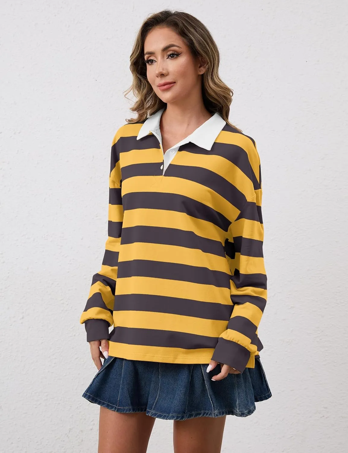Meladyan Womens Oversized Striped Polo Sweatshirt Long Sleeve V Neck Lapel Collared Polo Shirts 2024 Fall Fashion Clothing