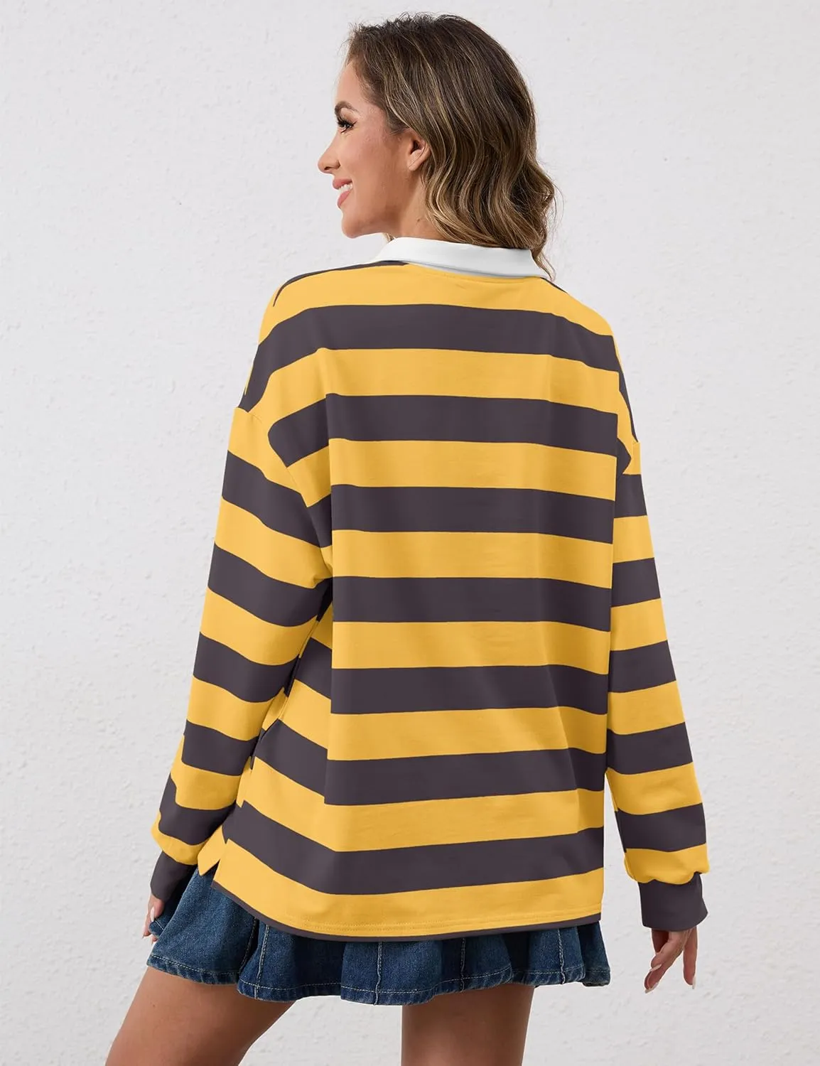Meladyan Womens Oversized Striped Polo Sweatshirt Long Sleeve V Neck Lapel Collared Polo Shirts 2024 Fall Fashion Clothing