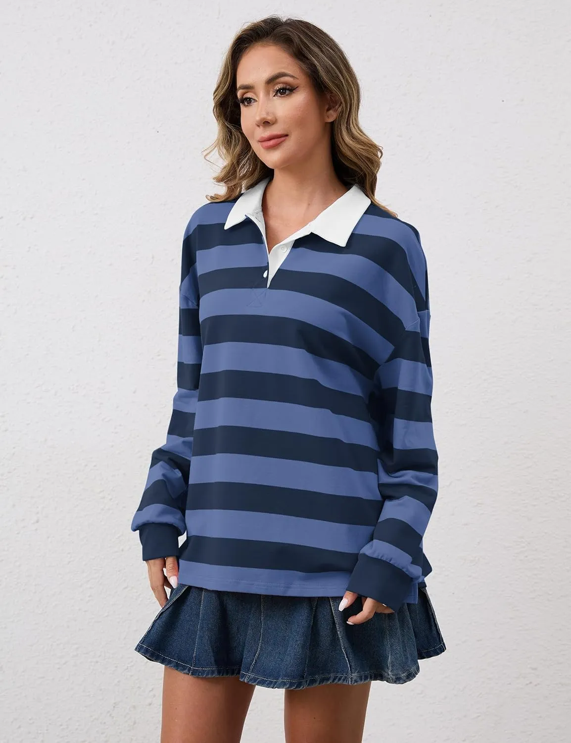 Meladyan Womens Oversized Striped Polo Sweatshirt Long Sleeve V Neck Lapel Collared Polo Shirts 2024 Fall Fashion Clothing