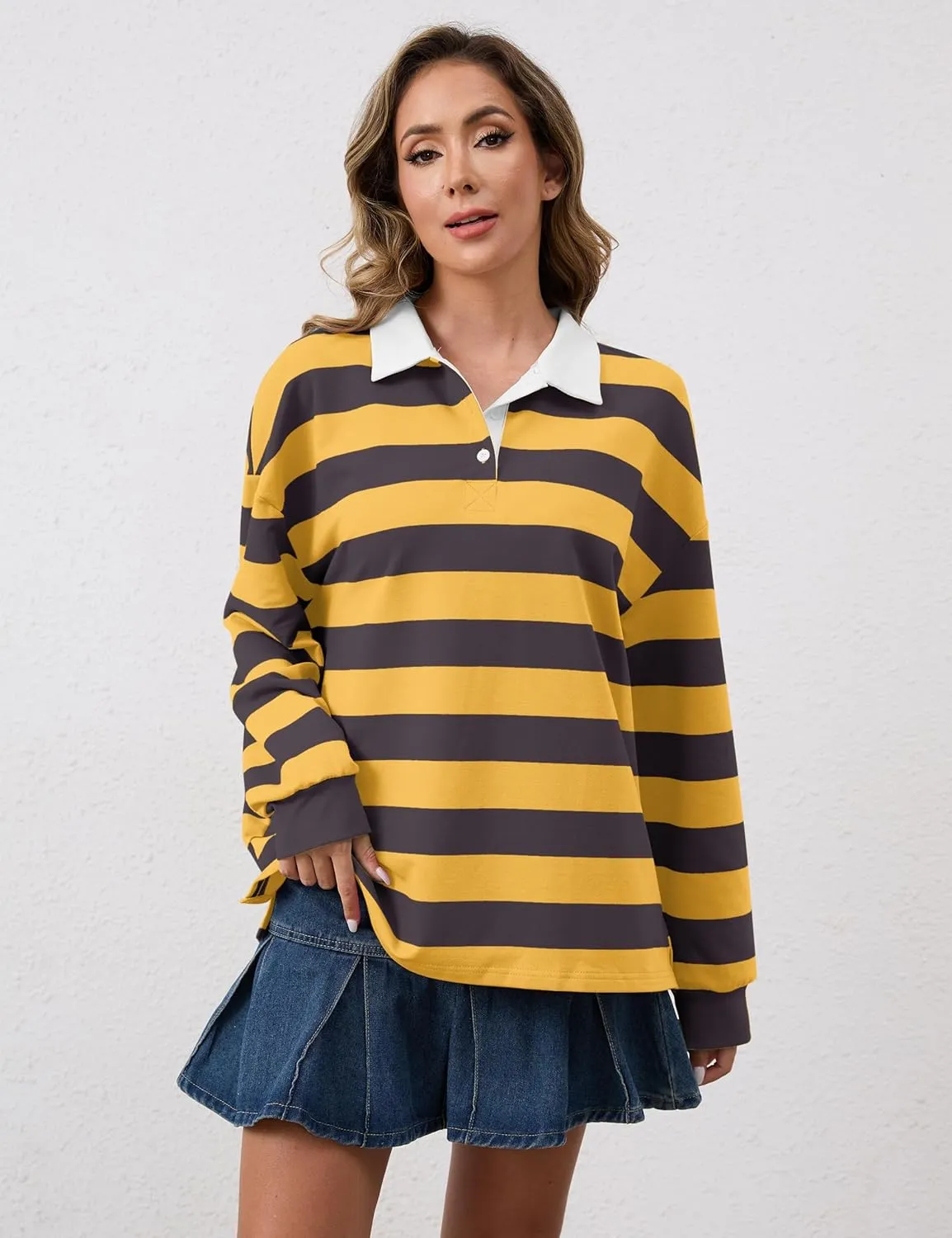 Meladyan Womens Oversized Striped Polo Sweatshirt Long Sleeve V Neck Lapel Collared Polo Shirts 2024 Fall Fashion Clothing