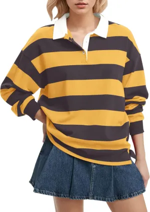 Meladyan Womens Oversized Striped Polo Sweatshirt Long Sleeve V Neck Lapel Collared Polo Shirts 2024 Fall Fashion Clothing
