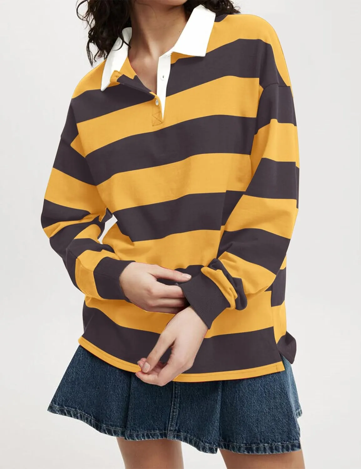 Meladyan Womens Oversized Striped Polo Sweatshirt Long Sleeve V Neck Lapel Collared Polo Shirts 2024 Fall Fashion Clothing