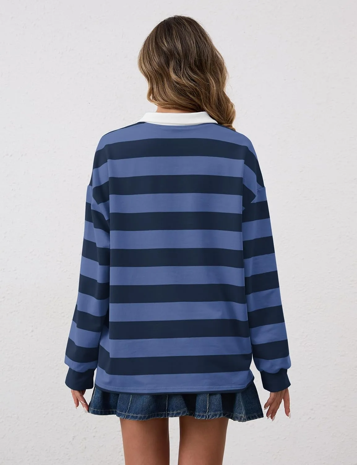 Meladyan Womens Oversized Striped Polo Sweatshirt Long Sleeve V Neck Lapel Collared Polo Shirts 2024 Fall Fashion Clothing