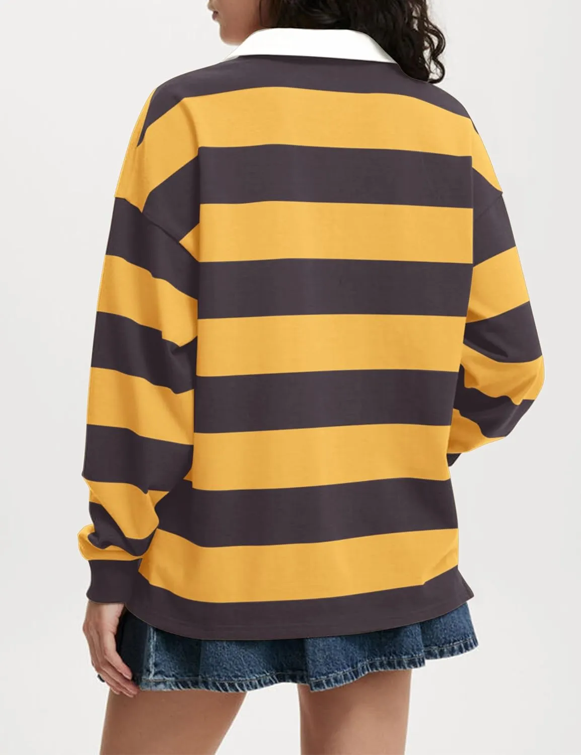 Meladyan Womens Oversized Striped Polo Sweatshirt Long Sleeve V Neck Lapel Collared Polo Shirts 2024 Fall Fashion Clothing