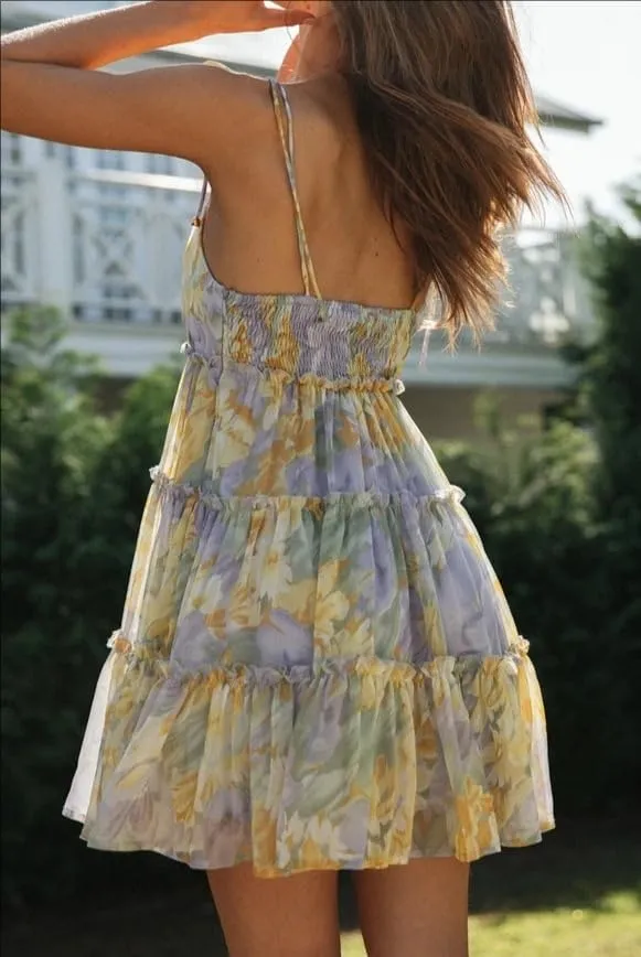 Melliflo Women's Mini Dress Floral Print Strap Tiered Ruffle Hem Scoop Neck Boho Short Dress
