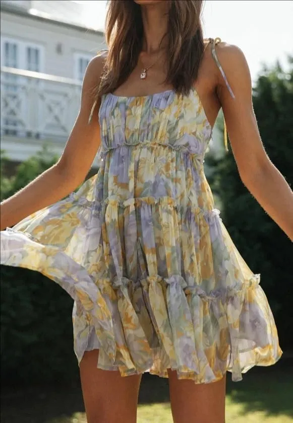 Melliflo Women's Mini Dress Floral Print Strap Tiered Ruffle Hem Scoop Neck Boho Short Dress
