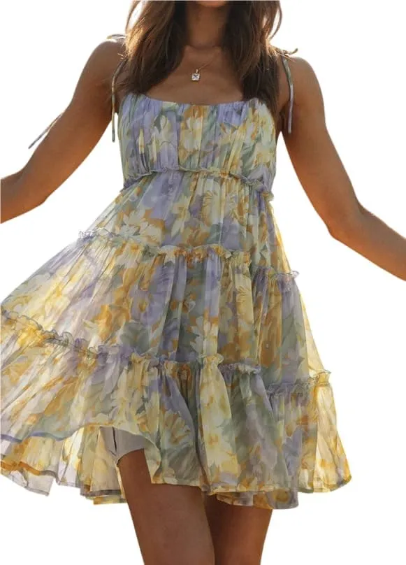 Melliflo Women's Mini Dress Floral Print Strap Tiered Ruffle Hem Scoop Neck Boho Short Dress