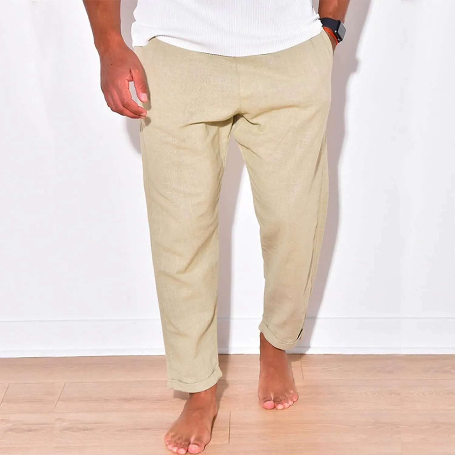 Men Linen Pants Elastic Waist Drawstring Beach Pants Harem Summer Pants Lightweight Linen Trousers with Pockets