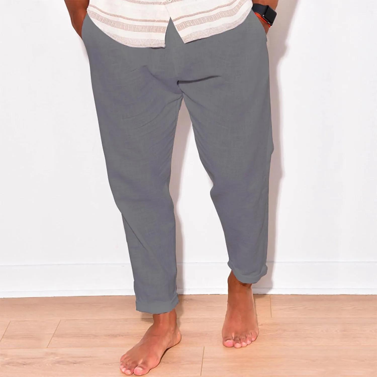 Men Linen Pants Elastic Waist Drawstring Beach Pants Harem Summer Pants Lightweight Linen Trousers with Pockets