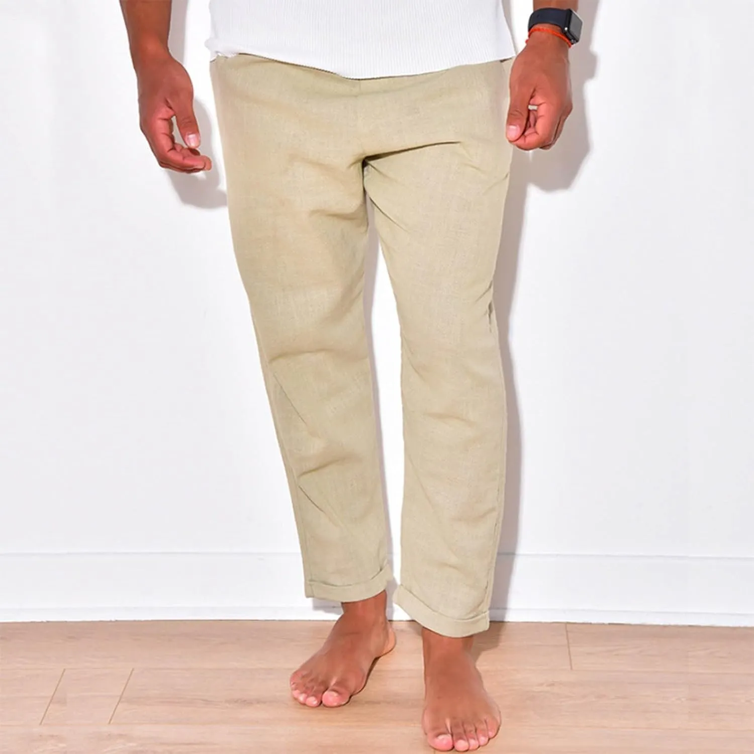 Men Linen Pants Elastic Waist Drawstring Beach Pants Harem Summer Pants Lightweight Linen Trousers with Pockets