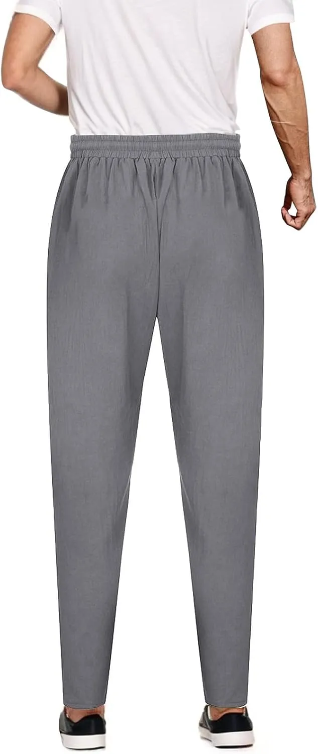 Men Linen Pants Elastic Waist Drawstring Beach Pants Harem Summer Pants Lightweight Linen Trousers with Pockets