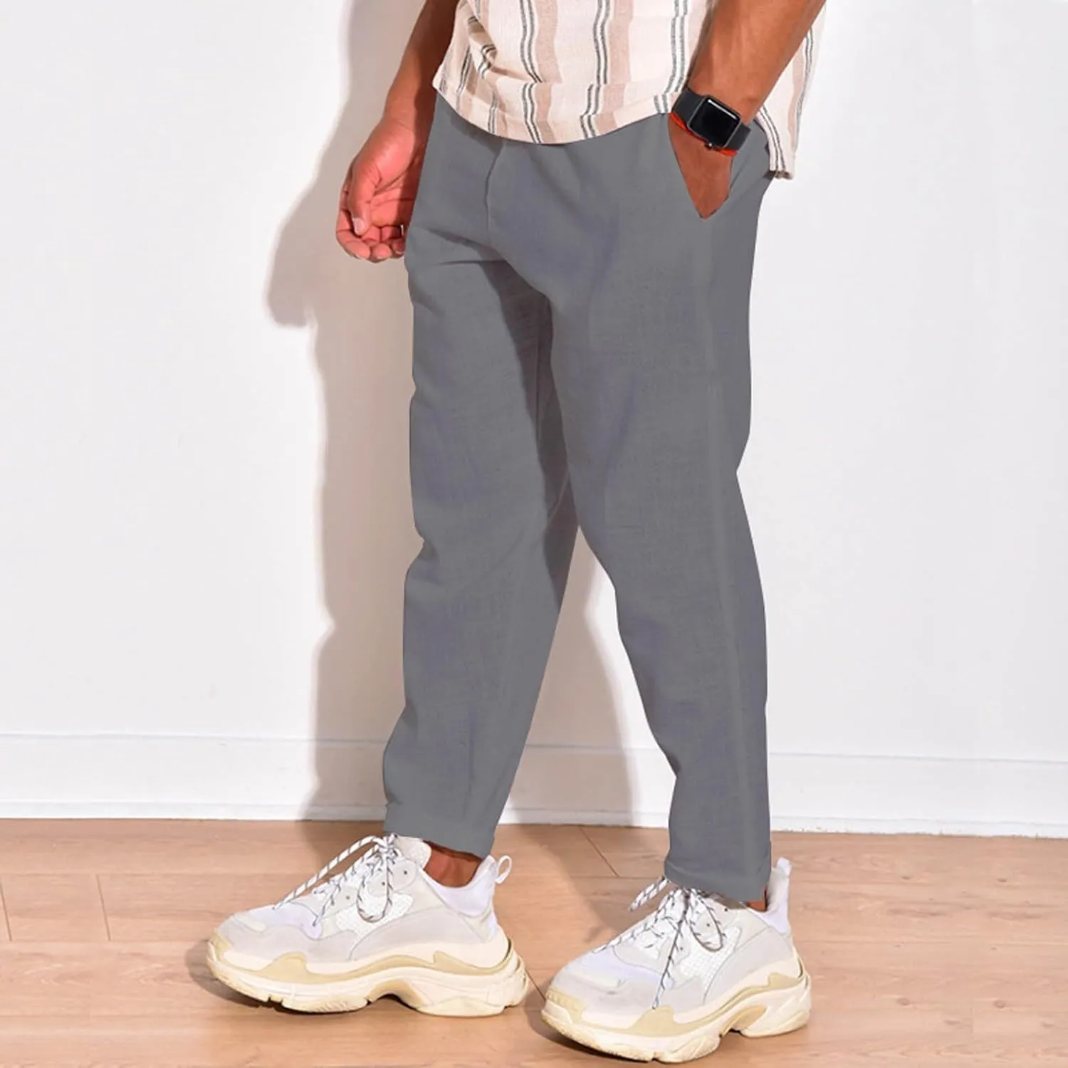 Men Linen Pants Elastic Waist Drawstring Beach Pants Harem Summer Pants Lightweight Linen Trousers with Pockets