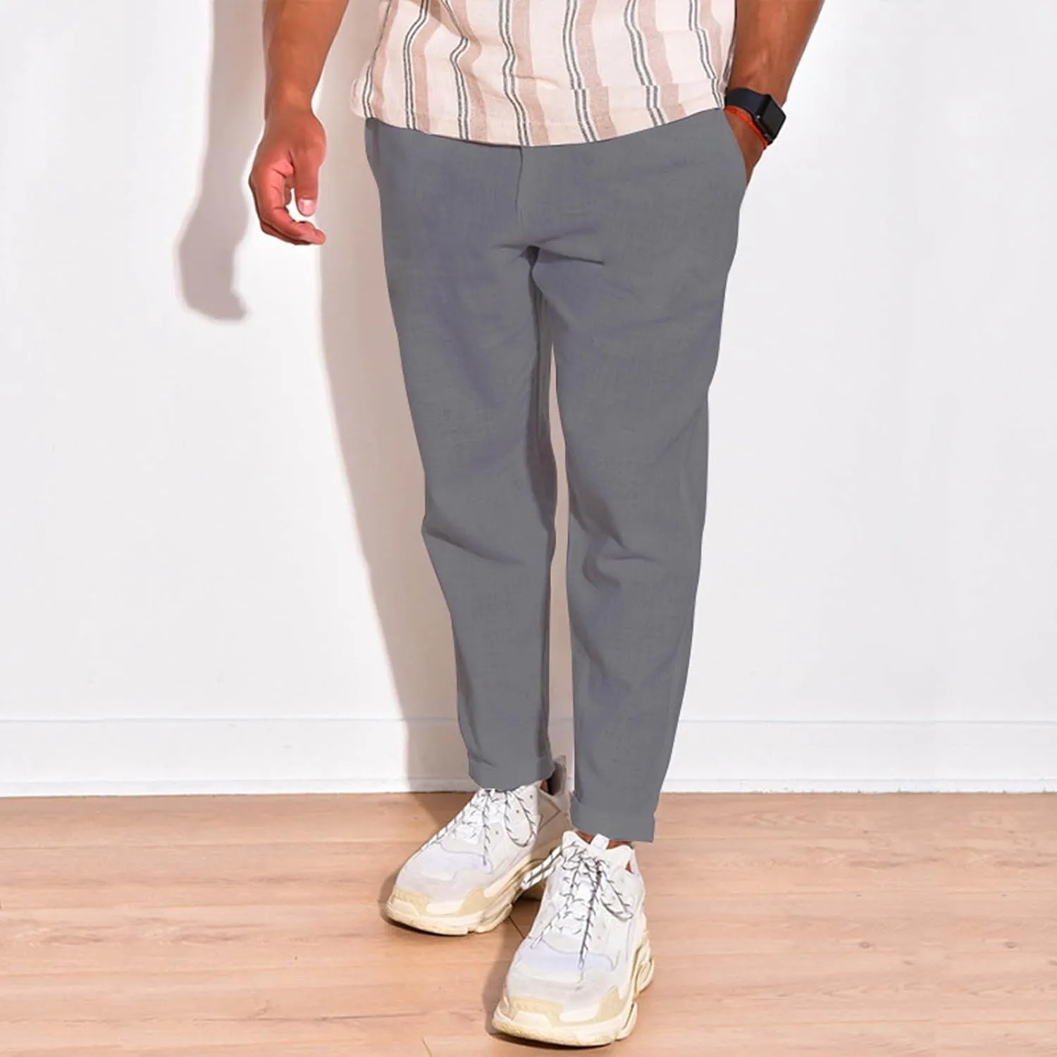 Men Linen Pants Elastic Waist Drawstring Beach Pants Harem Summer Pants Lightweight Linen Trousers with Pockets