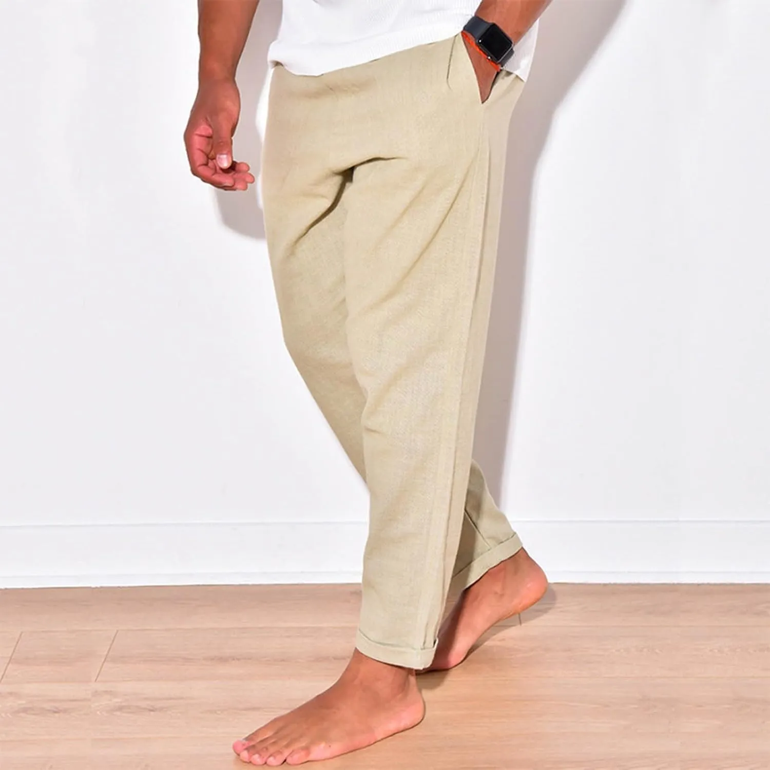 Men Linen Pants Elastic Waist Drawstring Beach Pants Harem Summer Pants Lightweight Linen Trousers with Pockets