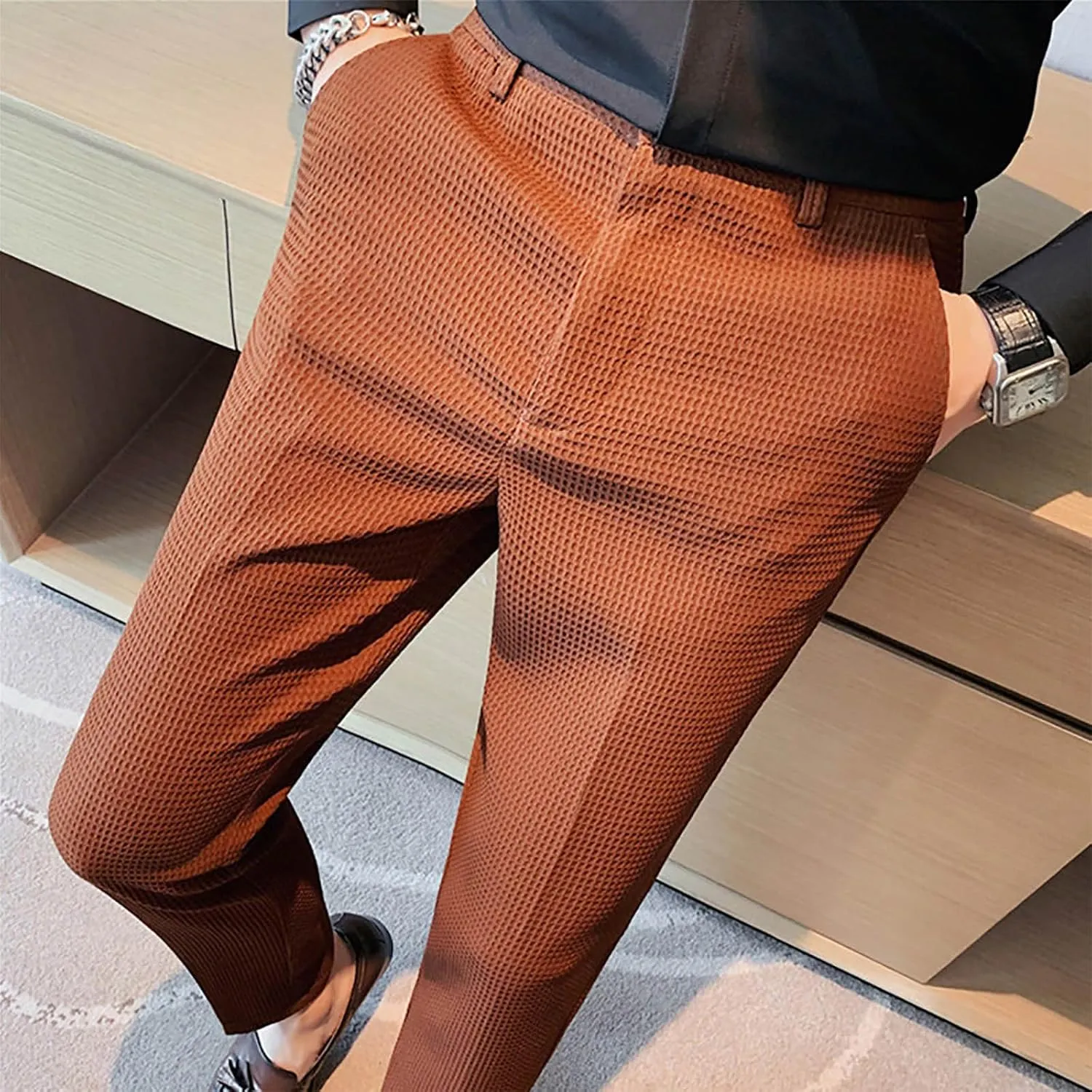 Men's Business Dress Suit Pants,Expandable Waist Chino Work Suit Pants Classic Slim Fit Straight Leg Suit Trousers