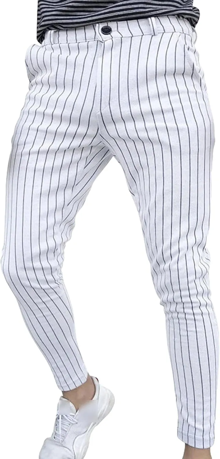 Mens Chinos Slim Fit Stretch Pants Flat-Front Skinny Dress Pants Grey Plaid Stylish Casual Business Pants