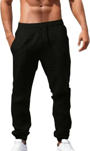 Men's Cotton Linen Pants Casual Drawstring Straight Leg Pleated Workout Pants Relaxed Fit Tapered Trousers