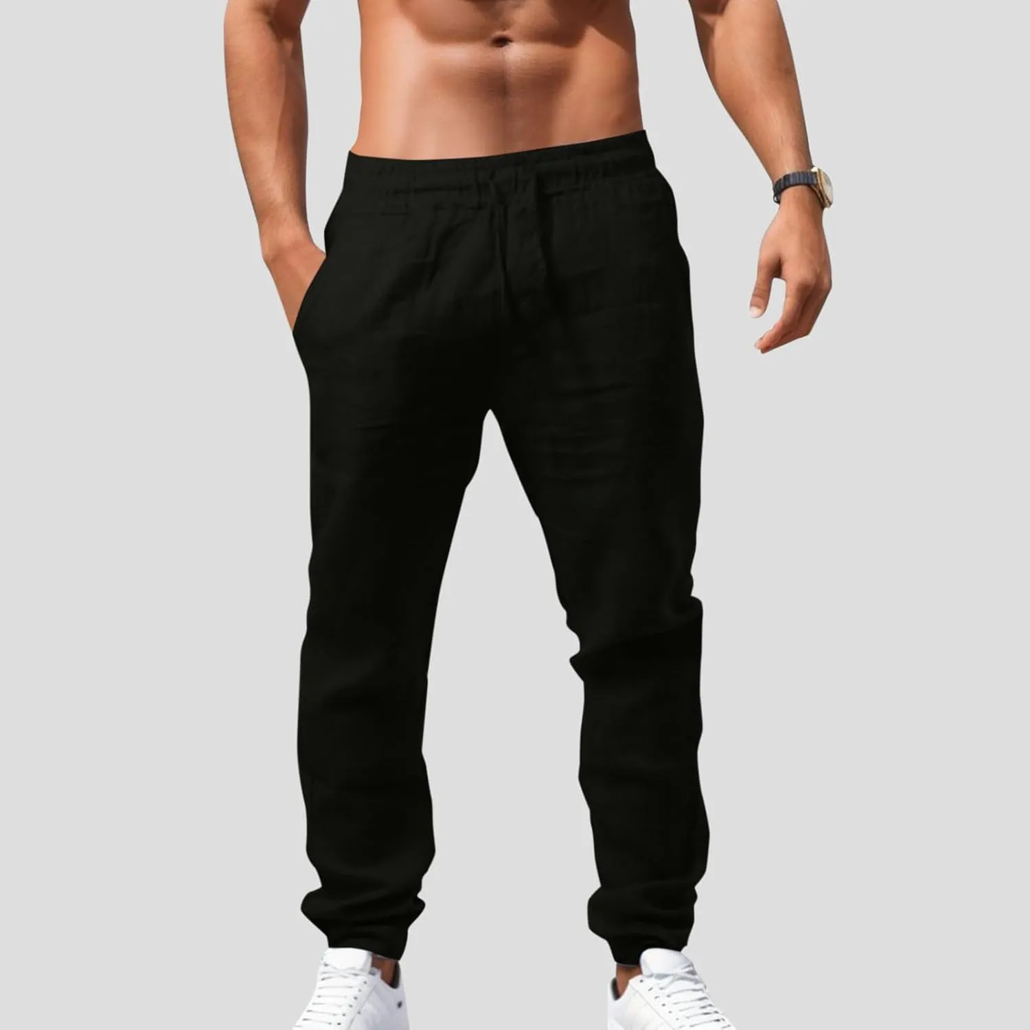 Men's Cotton Linen Pants Casual Drawstring Straight Leg Pleated Workout Pants Relaxed Fit Tapered Trousers