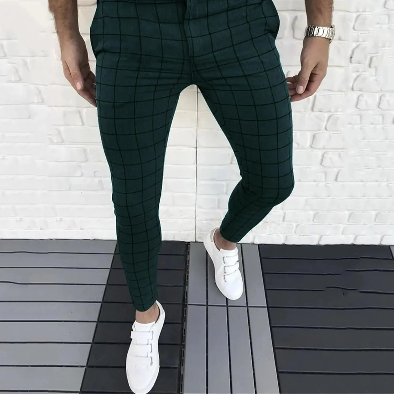 Mens Dress Pants Slim Fit Plaid Flat-Front Stretch Chino Pant Business Work Casual Tapered Leg Trousers with Pockets