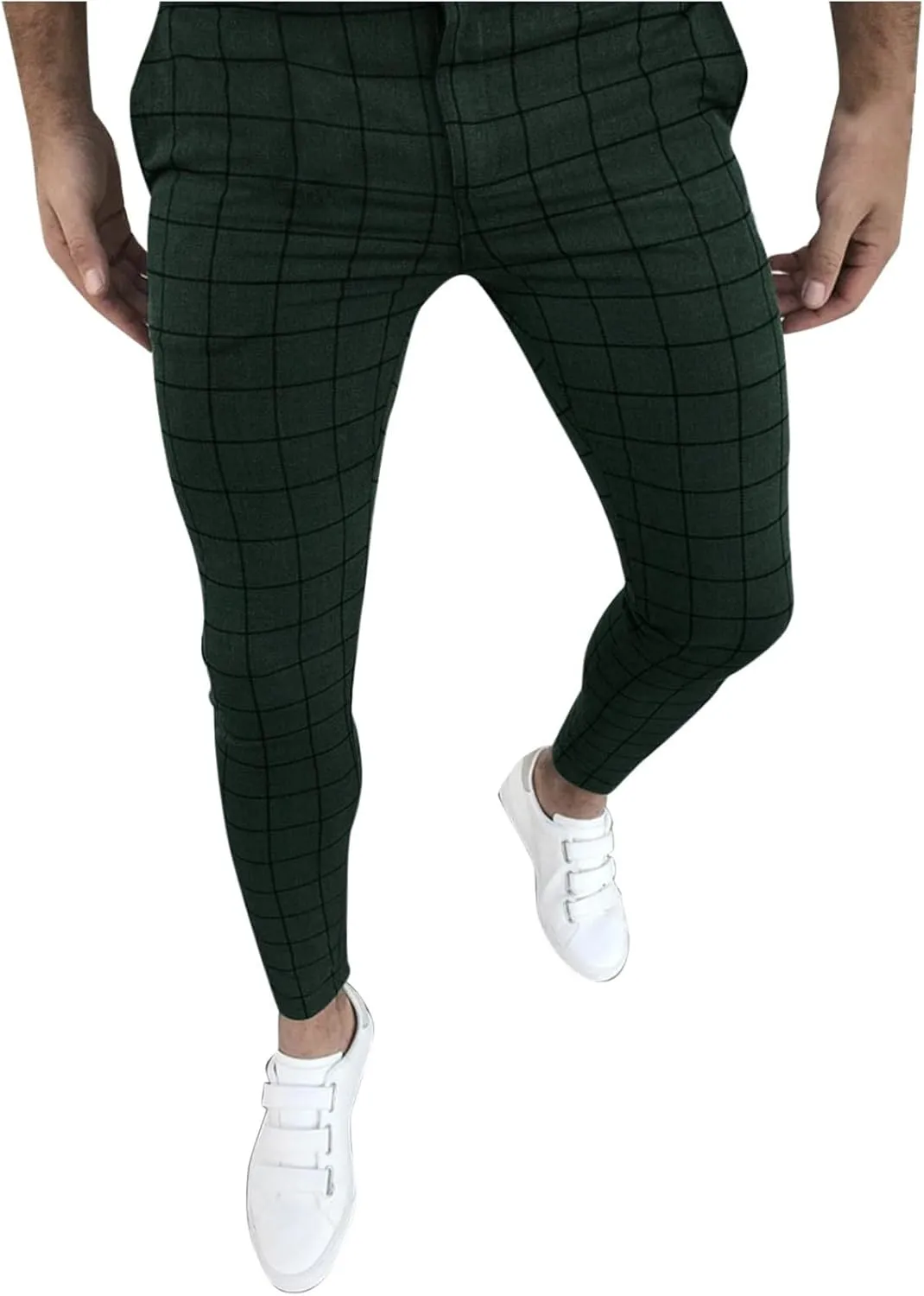 Mens Dress Pants Slim Fit Plaid Flat-Front Stretch Chino Pant Business Work Casual Tapered Leg Trousers with Pockets
