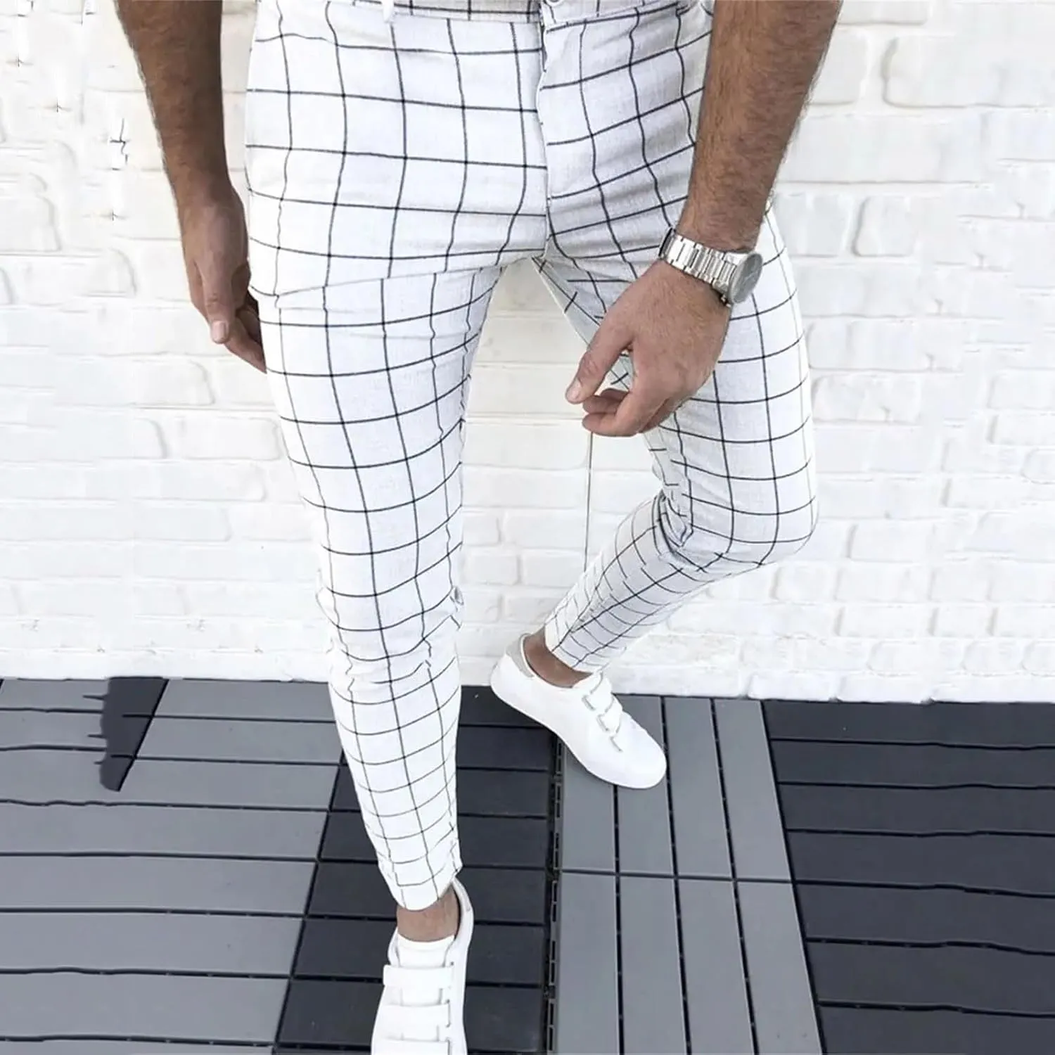 Mens Dress Pants Slim Fit Plaid Flat-Front Stretch Chino Pant Business Work Casual Tapered Leg Trousers with Pockets