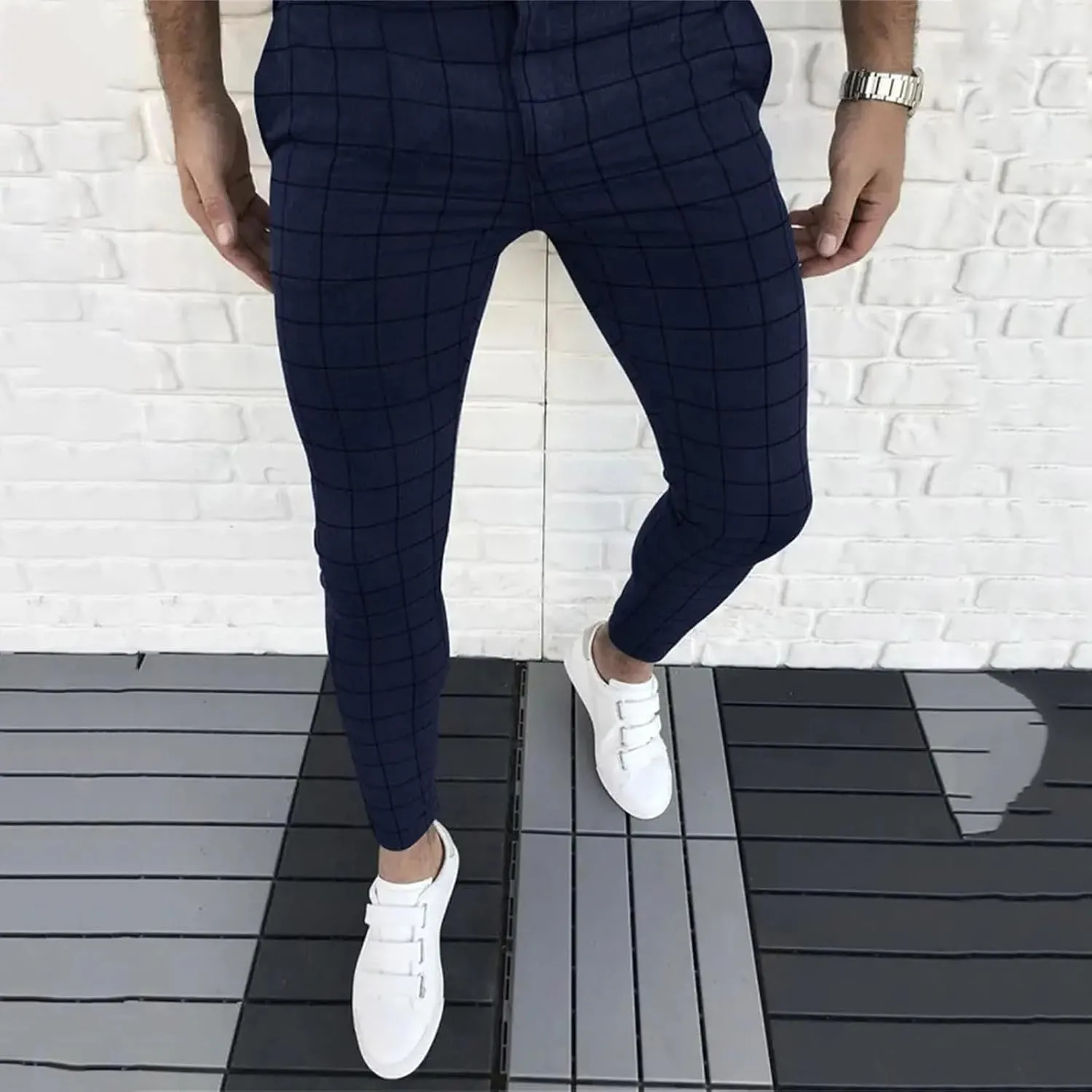 Mens Dress Pants Slim Fit Plaid Flat-Front Stretch Chino Pant Business Work Casual Tapered Leg Trousers with Pockets