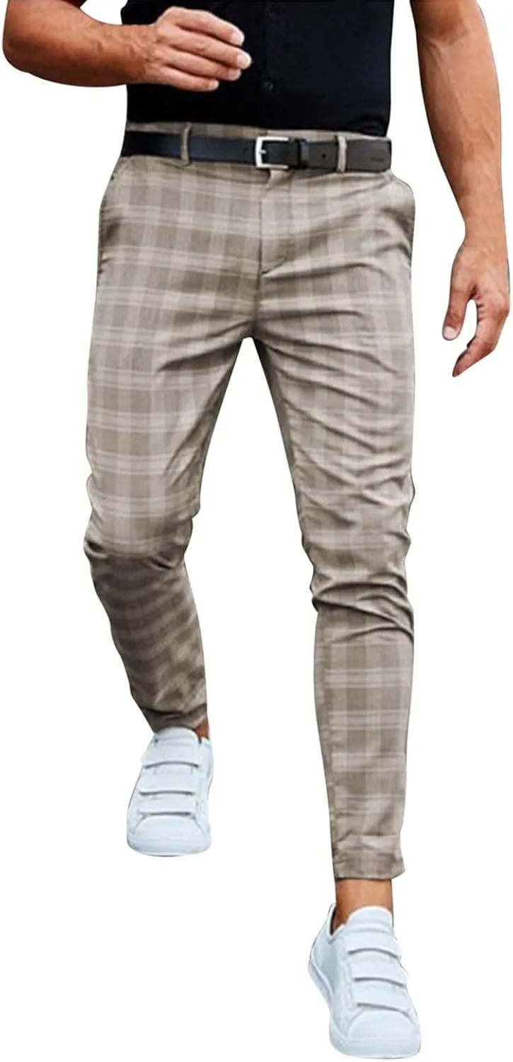 Men's Fashion Stretch Dress Pants Chinos Slim Fit Plaid Pants Business Suit Pants Casual Golf Stretch Dress Pants