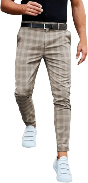 Men's Fashion Stretch Dress Pants Chinos Slim Fit Plaid Pants Business Suit Pants Casual Golf Stretch Dress Pants
