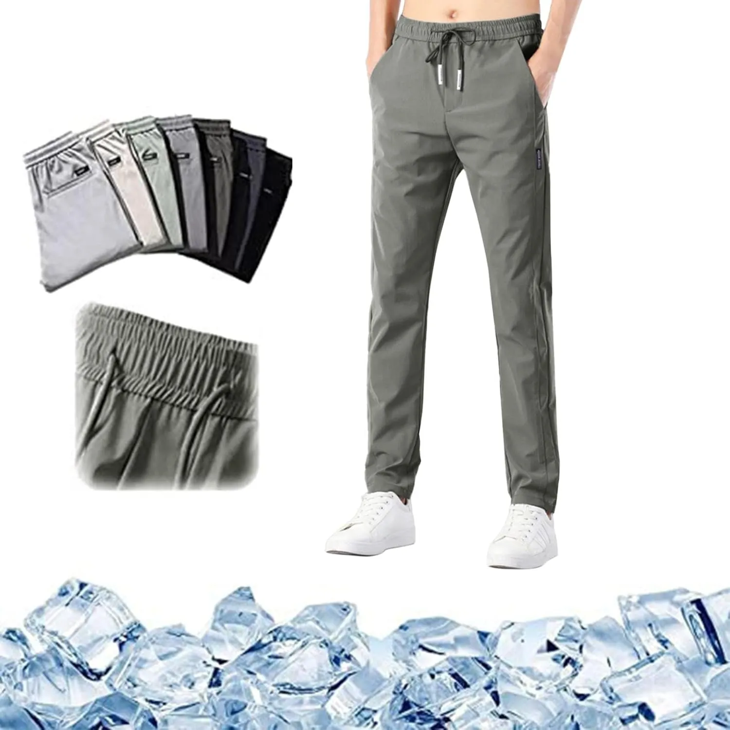 Men's Fast Dry Stretch Pants, Ice Breathable Pants, Running Jogger Drawstring Pants with Pockets, Joggers for Men