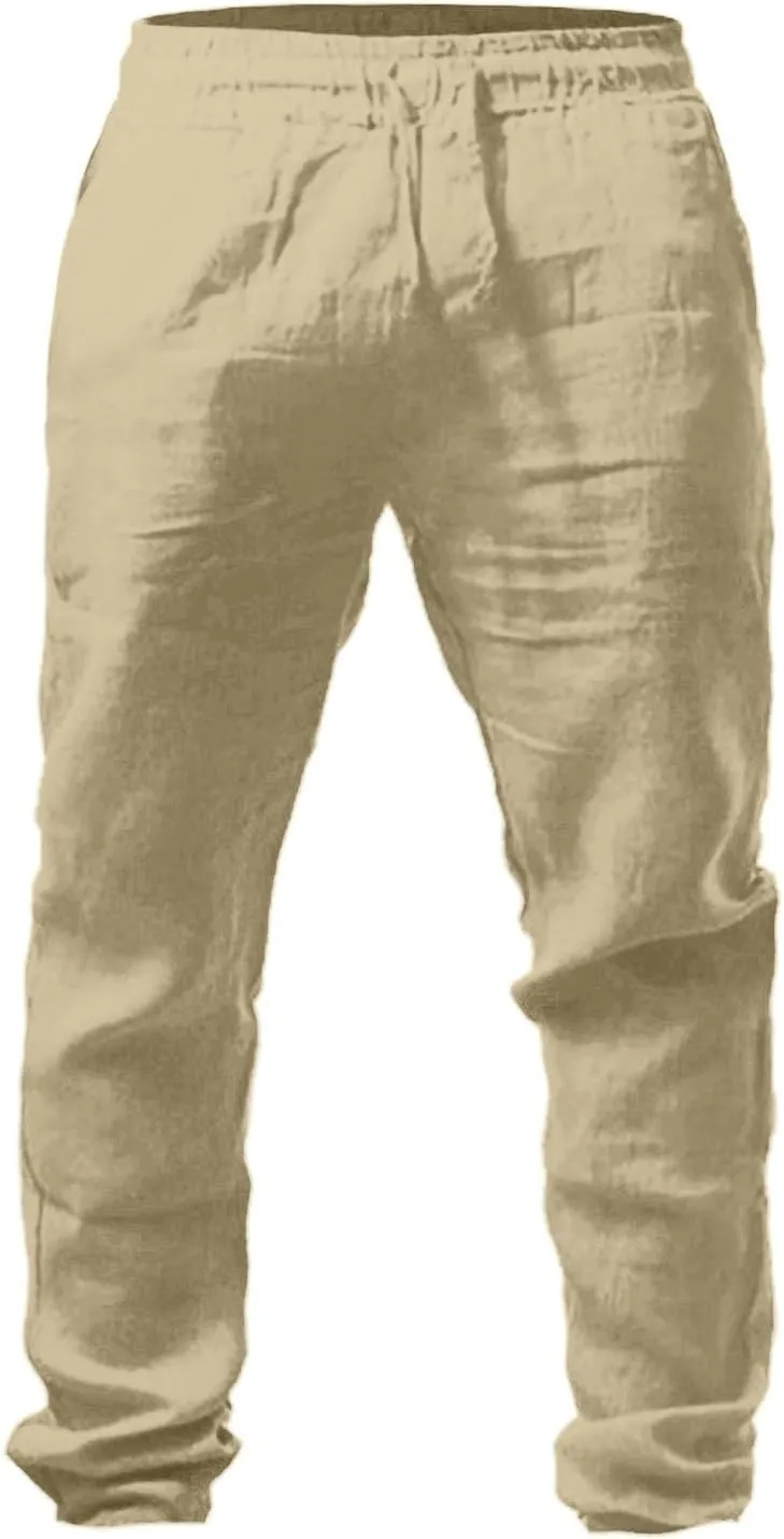 Men's Linen Pants, Casual Lightweight Beach Summer Pants Elastic Waist Workout Slim Fit Trousers, Sweatpants for Mens