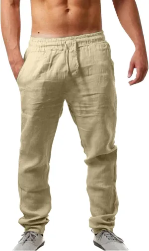 Men's Linen Pants, Casual Lightweight Beach Summer Pants Elastic Waist Workout Slim Fit Trousers, Sweatpants for Mens