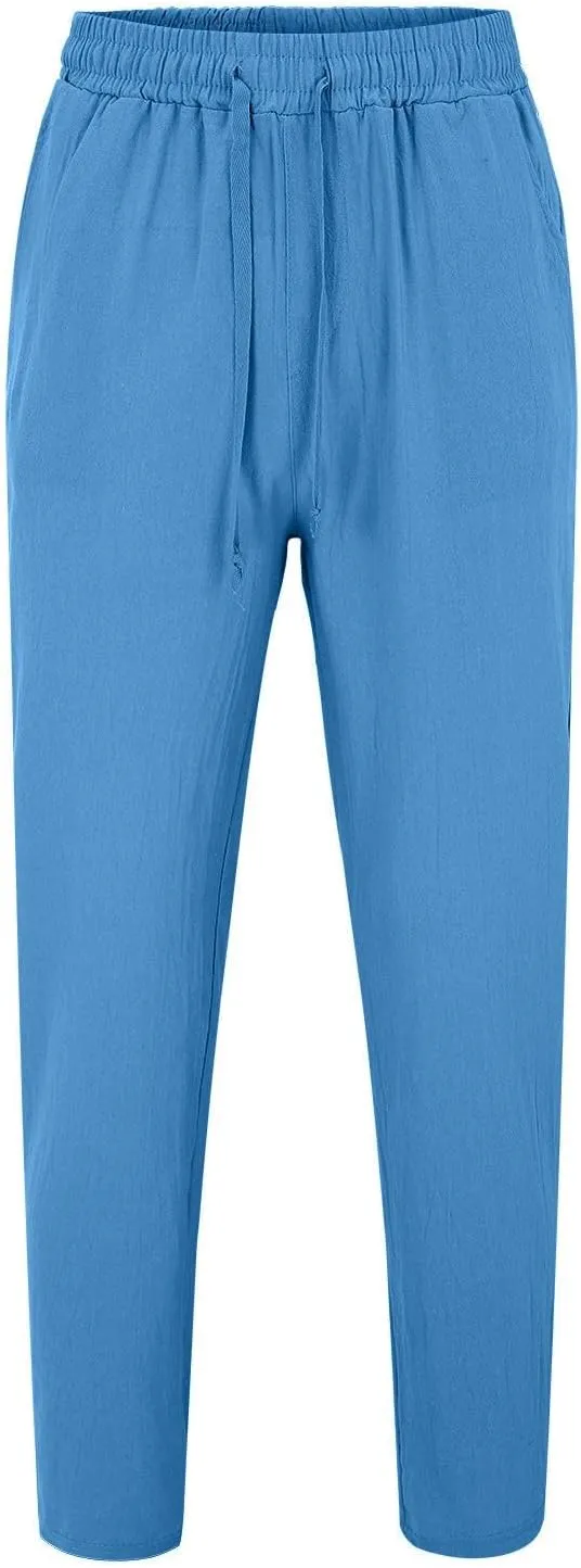 Men's Linen Pants, Casual Lightweight Beach Summer Pants Elastic Waist Workout Slim Fit Trousers, Sweatpants for Mens