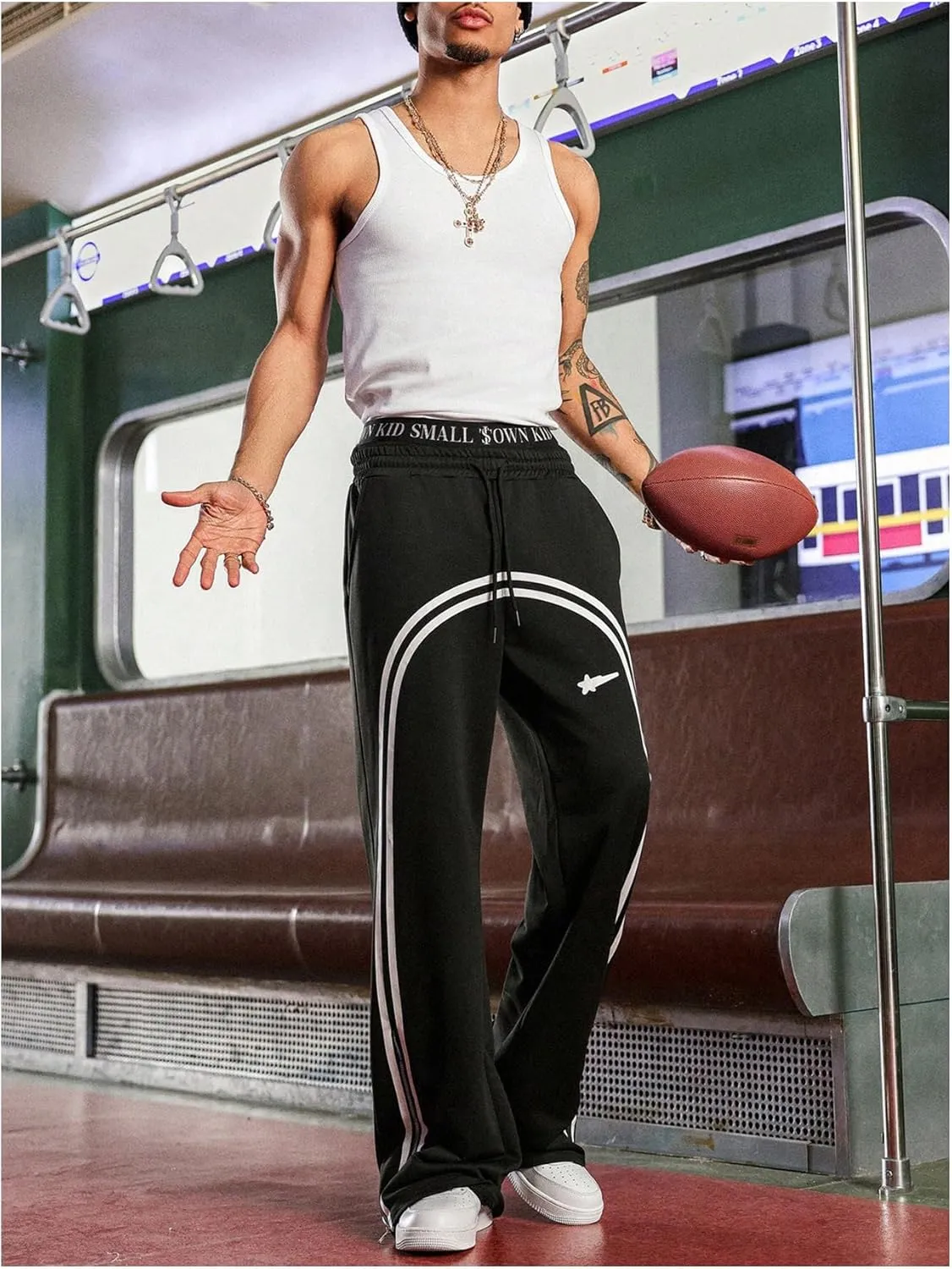 Men's Side Stripe Sweatpants Zipper Design Jogger Pants Drawstring Waist Wide Leg Trousers