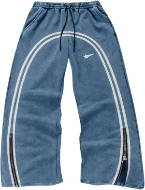 Men's Side Stripe Sweatpants Zipper Design Jogger Pants Drawstring Waist Wide Leg Trousers