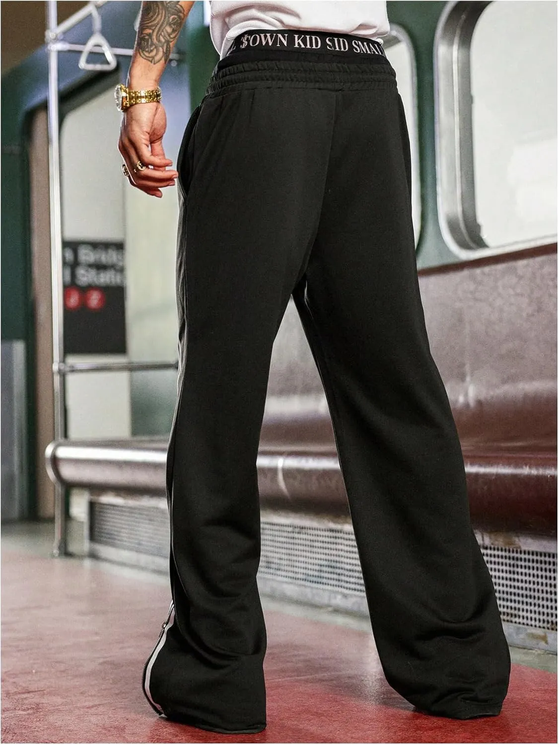Men's Side Stripe Sweatpants Zipper Design Jogger Pants Drawstring Waist Wide Leg Trousers