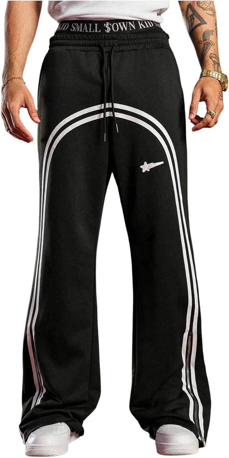 Men's Side Stripe Sweatpants Zipper Design Jogger Pants Drawstring Waist Wide Leg Trousers