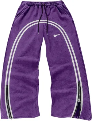 Men's Side Stripe Sweatpants Zipper Design Jogger Pants Drawstring Waist Wide Leg Trousers